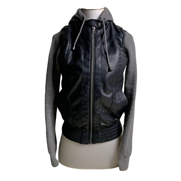 Womens Vegan Faux Leather Jacket Small Miss London Zip Up Hoodie Black/Gray - Picture 2 of 12